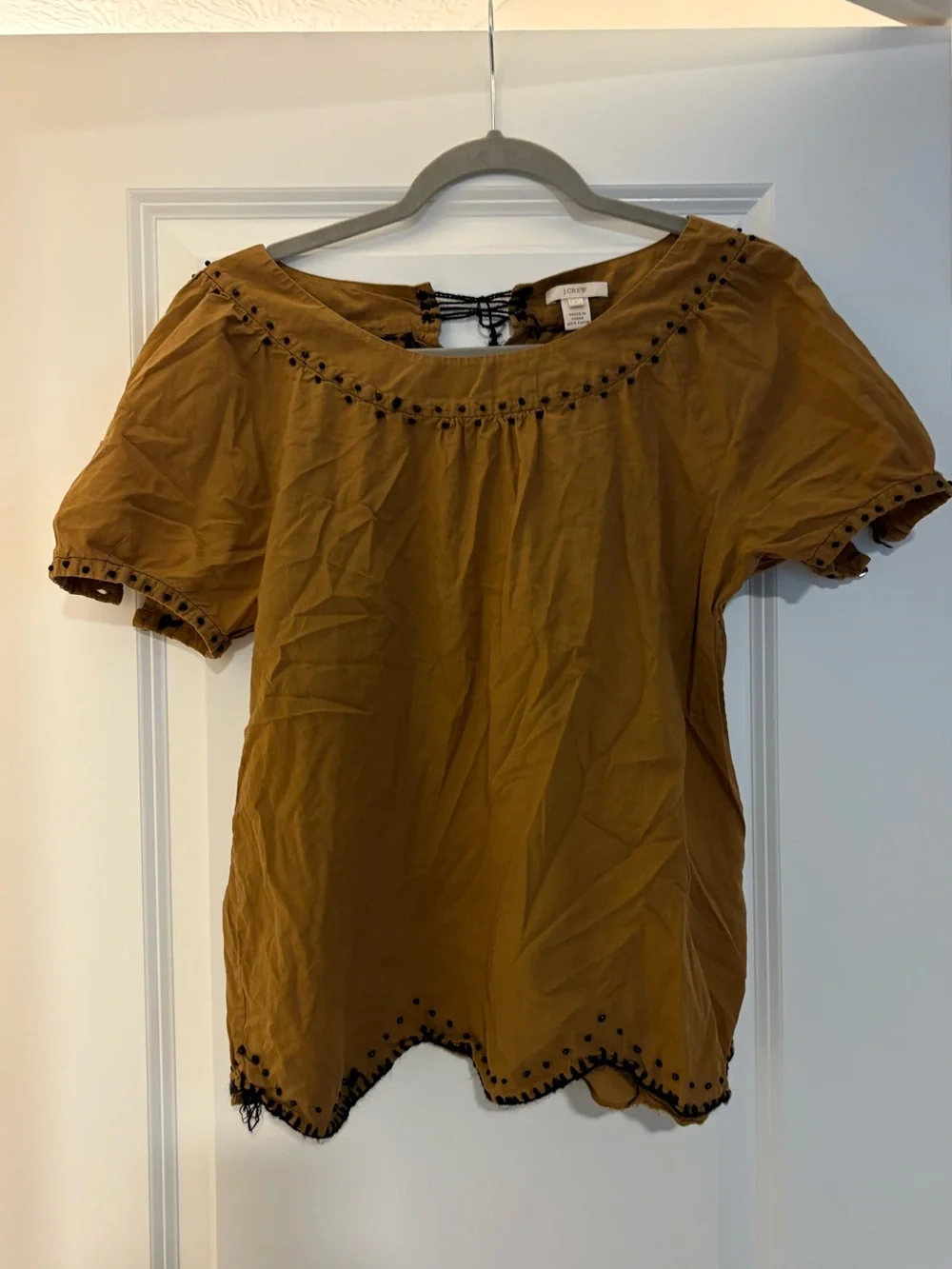 J.Crew Brown Beaded Puff Sleeve Top Size 6 Boho Cotton Blouse
